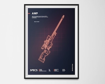 AWP Sniper Gun Cs:Go Counter Strike Neon Weapon Blueprint Digital Print Gaming Poster