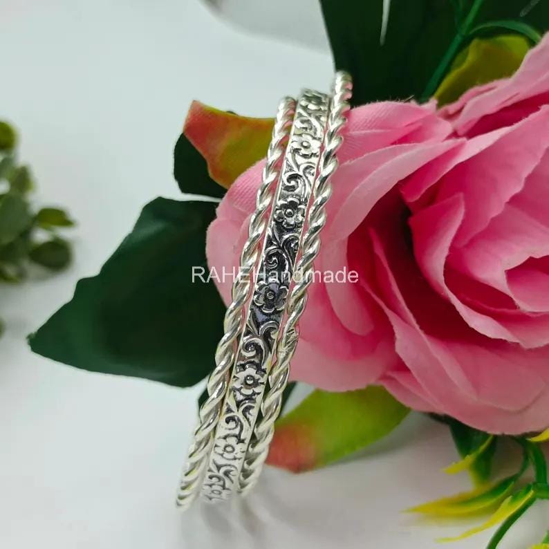 Handmade 7 Set Sterling Silver Bangle Set: Twisted & Floral Boho