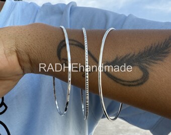 Sterling Silver Hammered Bangles: Set of 3 Thin Stacking Bracelets.