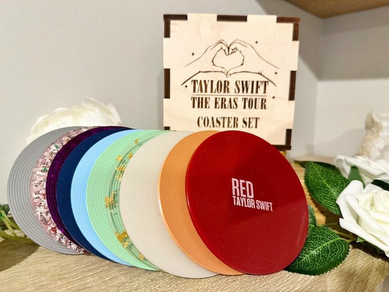 Taylor Swift Coasters Set of 5 with Box, Taylor Swift Eras Tour Gift, Taylor Swift Lover, Swiftie Gift, Taylor Swift Album Coaster Set image 2