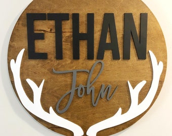 Antler Nursery Name Sign | Woodland Round Name Sign | Nursery Decor | Above the Crib Name Sign | Custom Name Sign