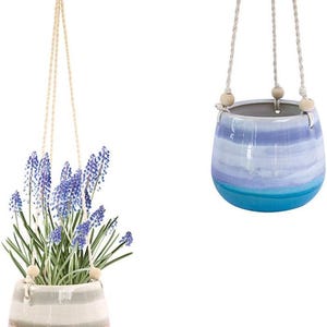 May include: Two hanging ceramic planters. One contains purple flowers and green leaves. The other planter is blue and white with a striped design. Both planters are suspended by off-white rope.