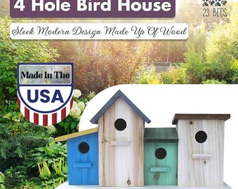 4 Hole Bird House, Sleek Modern Wood Design, Made in USA