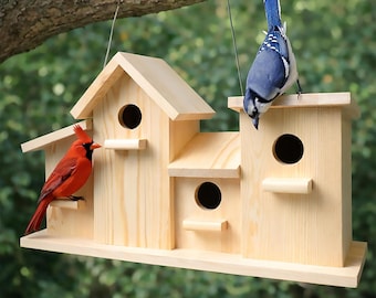 23 Bees 4 Hole Bird House for Outdoors/Indoors, Hanging Kit for Kids & Adults, Decorative Feeder for Bluebirds, Wrens and Chickadees