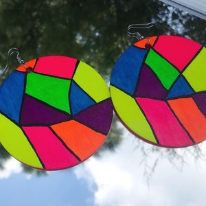 Geometric hand-painted wooden hoop earrings