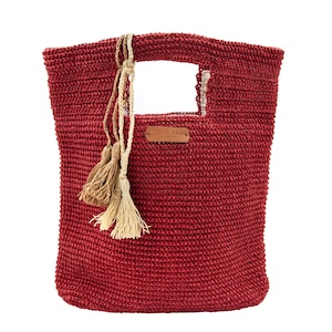 Handmade Artisan Raffia Handbag Red, Gift for Her, Natural Straw Raffia Bag, Raffia Red Tote, Boho Summer Bag, Beach Bag