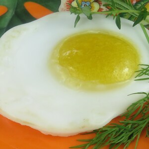 May include: A white fried egg with a bright yellow yolk on a orange plate with green herbs.