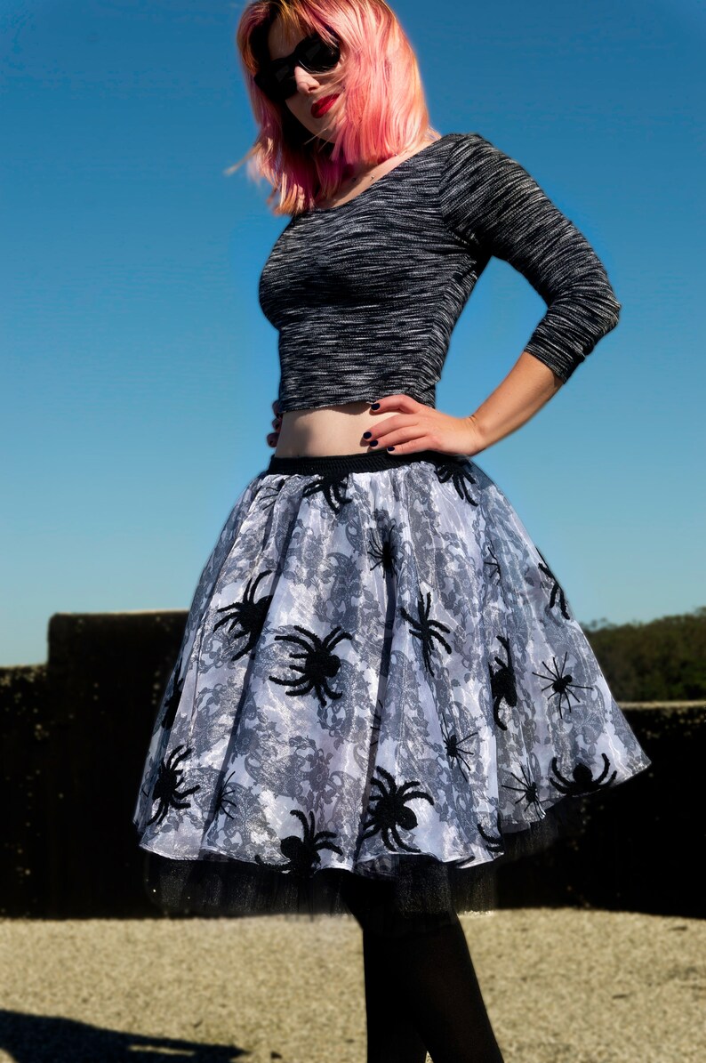 Cotton liner Made in USA. Organza circle skirt with spiders embroidery