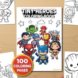 Könnte beinhalten: Ein "Tiny Heroes Coloring Book" mit 100 Ausmalseiten, das Illustrationen von Superhelden wie Batman, Superman und Wonder Woman zeigt. Zusätzliche Zeichnungen von The Flash, Groot und anderen Charakteren sind ebenfalls enthalten. Ein roter und gelber runder Aufkleber ist ebenfalls vorhanden.