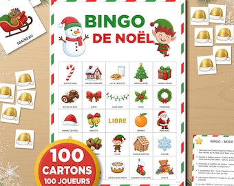 May include: A Christmas-themed bingo game set with cards and a bingo board. The board features festive illustrations and the words "Bingo de Noël". Includes 100 cards for 100 players. Decorative elements include pine branches and snowflakes.