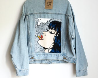SMOKING WOMAN Hand Painted Denim Jacket 