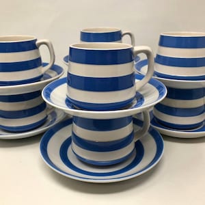6 tasses et soucoupes en cornishware bleu et blanc