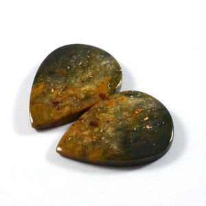 May include: Two teardrop-shaped gemstones with a polished surface. The stones display a mix of green, brown, and yellow hues, with a speckled pattern. The gemstones are set against a white background.