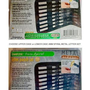 May include: A set of 4mm spiral metal letter punches in a black case. The set includes both uppercase and lowercase letters, as well as an ampersand symbol. The case has a label that reads "Bead Smith" and "Metal Elements".