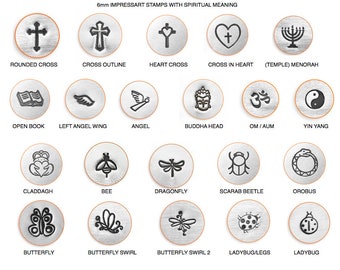 ImpressArt SPIRITUAL Stamps Cross Outline Menorah Heart Cross Angel OM Yin Yang Buddha Head Scarab Beetle Orobus Butterfly Bee