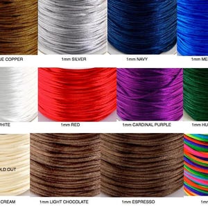 May include: A collection of 1mm cord spools in various colors including antique copper, silver, navy, medium blue, white, red, cardinal purple, hunter green, ivory, light chocolate, espresso, and rainbow, with text labels identifying each color.