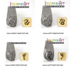 May include: Four metal stamps for creating hand and foot prints. The stamps are 9.5mm in size and show the outline of a right hand, left hand, right foot, and left foot. The stamps are shown next to a sample of the imprint they create.