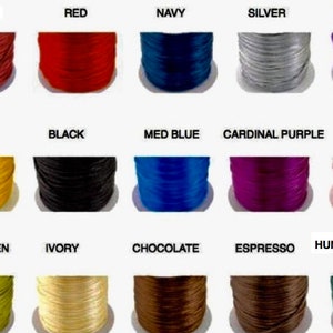 May include: A selection of 15 spools of cord in various colors, including wine, red, navy, silver, amethyst, gold, black, medium blue, cardinal purple, light pink, olive green, ivory, chocolate, espresso, and hunter green.