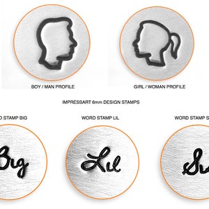 May include: Five metal stamps for jewelry making. The stamps are round and have a silver finish. The stamps read "Big", "Lil", and "Sis". The other two stamps are silhouettes of a person's head, one with a ponytail and one without.