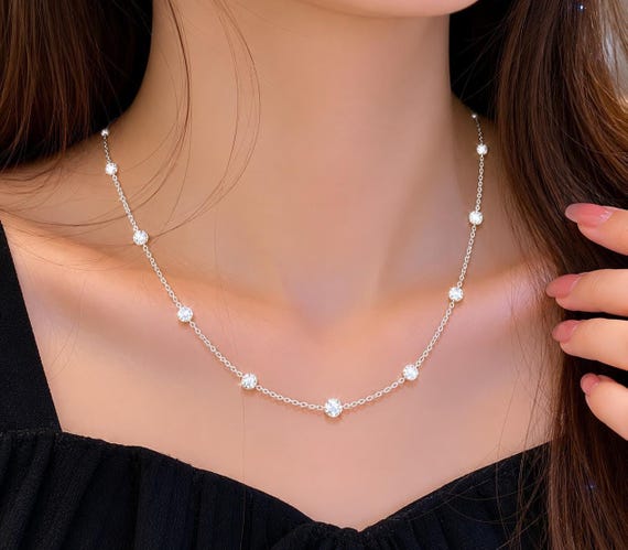 14K White Gold Lab Grown Diamond By The Yard Necklace, 3.27 Carat Round Diamonds