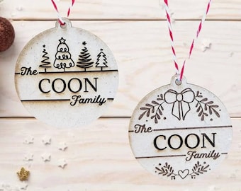Custom Family Name Christmas Ornament: Engraved Wood, 3.5 inch