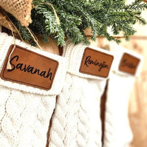 Personalized Knit Christmas Stocking: Laser Engraved Leather Patch