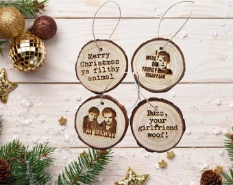 Decorazioni natalizie "Mamma, ho perso l'aereo": set di fette di legno incise al laser