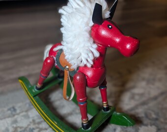 Vintage Wooden Rocking Horse Figurine - Red and Green Hand Painted Tabletop Christmas Decor - Heritage Farmhouse Grandma Chic Toy Ornament