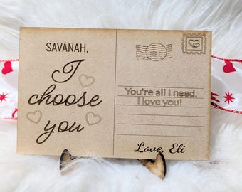 Personalized valentines day postcard keepsake, custom wooden love card, romantic gift, wedding gift, anniversary gift, birthday gift, couple