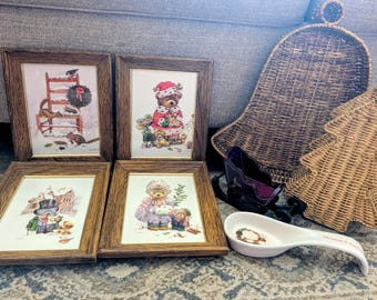 Vintage Christmas decor lot, teddy bear Christmas, vintage decor, basket decor