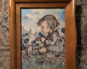 Vintage Jean Bukac Framed Art Print Big Eye Child with Bumblebee Mid Century Nursery Decor Cottagecore Kids Room Wall Art Fluted Wood Frame