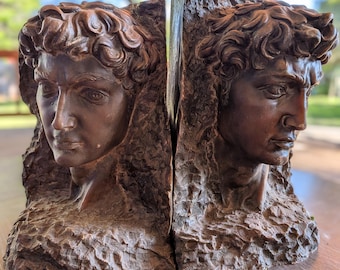 Vintage 1969 Baron Sculpture Bookends - Matching Pair Michelangelo David Bust - Mid Century Brutalist Dark Academia Library Decor