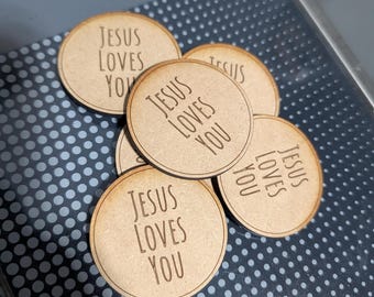 Jeton en bois « Jésus t’aime » : pièce de poche gravée, cadeau pour missionnaires
