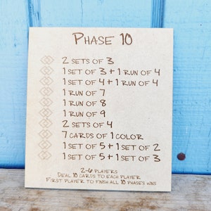 Carte Phase 10 Phases / Étapes du jeu de cartes / Règles en bois personnalisées Phase 10