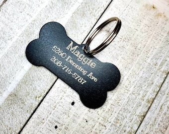 Etiqueta de perro de acero inoxidable negro, forma de hueso, personalizada, fuentes múltiples, nombres personalizados grabados