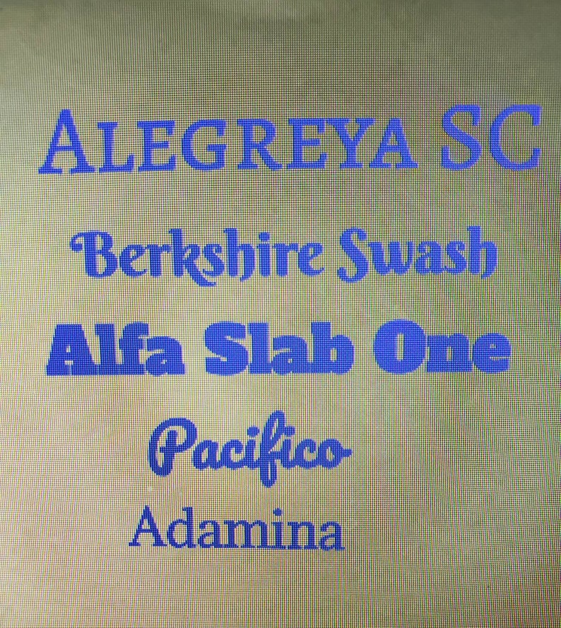 May include: A list of font names in blue text on a beige background. The font names are: Alegreya SC, Berkshire Swash, Alfa Slab One, Pacifico, and Adamina.