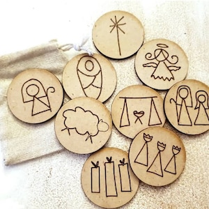 Wooden nativity scene- Montessori nativity scene- Christmas nativity- interactive nativity- nativity story on wood discs-birth of Jesus-