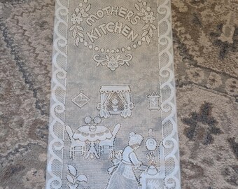 Vintage Mother's Kitchen Lace Swag Valance - Macramé Cafe Curtain with Tea Kettle & Stove Motif - Farmhouse Kitchen Decor - The Savvy Scout