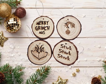 Engraved Wood Slice Grinch Christmas Ornaments - Set of 4