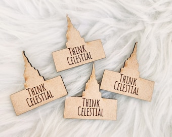 Engraved Wooden Temple Token: &#39;Think Celestial&#39; LDS Gift (2 inch)