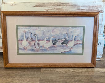 Vintage 1980s Ava Freeman Geese Framed Print, Country Farmhouse Kitchen Decor, Cottagecore Grandma Chic Wall Art, Panoramic Wood Frame Duck