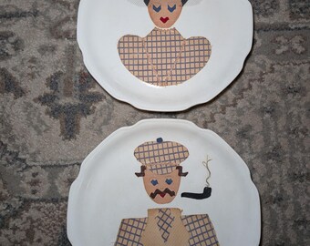 Vintage Joey Originals Fabric Applique Wall Plates - Mid Century Kitsch Portrait Set - 1950s Checkered Couple Folk Art - GI 2-2595
