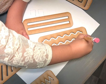 Pre-Writing Line Tracing Stencils, Wooden Fine Motor Skills Toy, Montessori Tracing Board Set, Early Childhood Handwriting Practice Tool