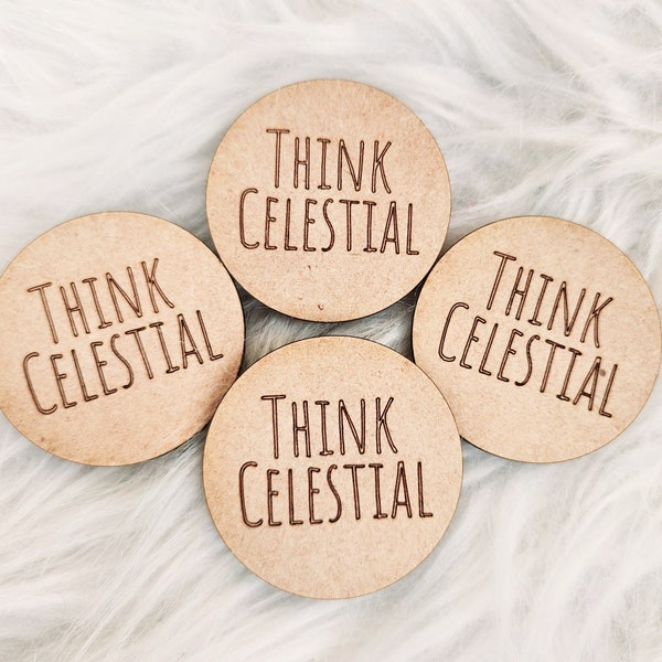 Think celestial pocket coin, wooden token, primary gift, missionary, temple, mission, church, Jesus Christ, mission handout, missionary gift