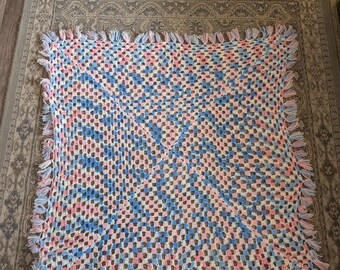 Vintage Hand Crochet Granny Square Blanket Pink Blue White With Fringe Tassel Trim 47x43, Pastel Cottagecore Nursery Afghan Throw