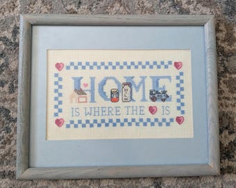 Vintage Framed Cross Stitch Home Decor - Country Farmhouse Cross Stitch - Home Is Where The Heart Is - Blue and Pink Pastel Nursery Wall Art