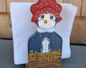 Vintage Wood Chicken Napkin Holder, 1980s Hand Painted Country Hen Kitchen Decor, Heritage Farmhouse Table Decor, Grandma Chic Folk Art