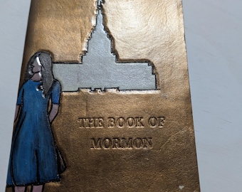 Hand Tooled Leather Book of Mormon Cover, Stained Gold