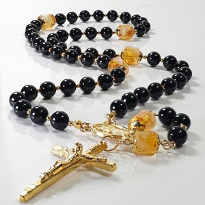 Our Lady of Loreto Rosary – Black Onyx & Citrine Beads – Marian Rosary for Her – Catholic Gift – Pilgrimage Prayer Rosary