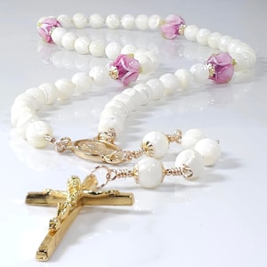 Madonna Della Rosa Rosary – White Mother of Pearl Rose Beads – Marian Gift for Her – Catholic Flower Rosary – Rosary of the Mystical Rose